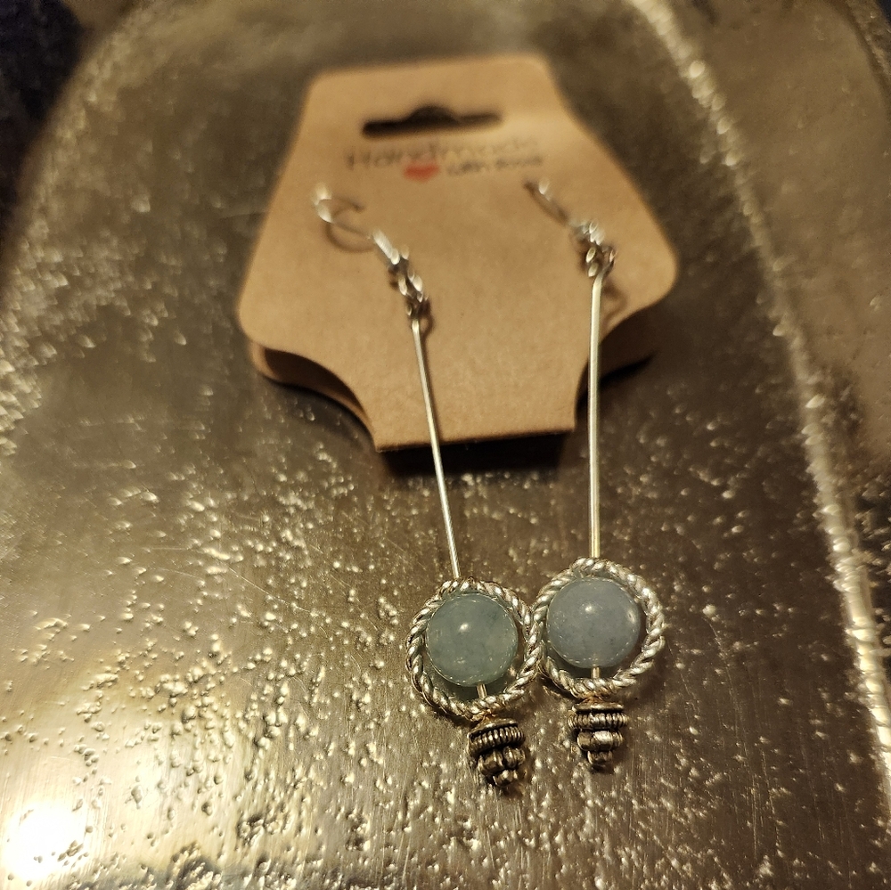 Handcrafted Aquamarine Blue Beaded Earrings.